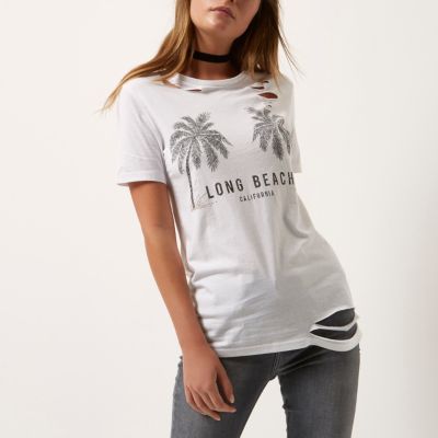 White beach print distressed T-shirt